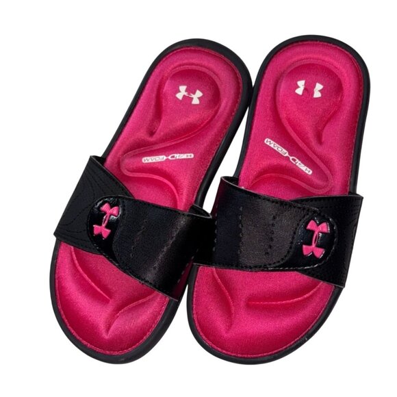 Under Armour UA Ignite IX Girls Slides/Sandals-Pink/Black-Size 2Y-GUC - Picture 1 of 8